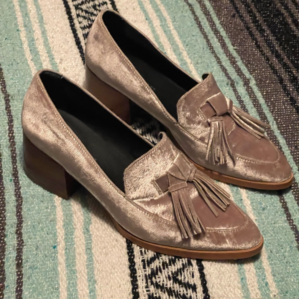 Rebecca Minkoff Edie Grey Taupe Velvet Tassel Loafers